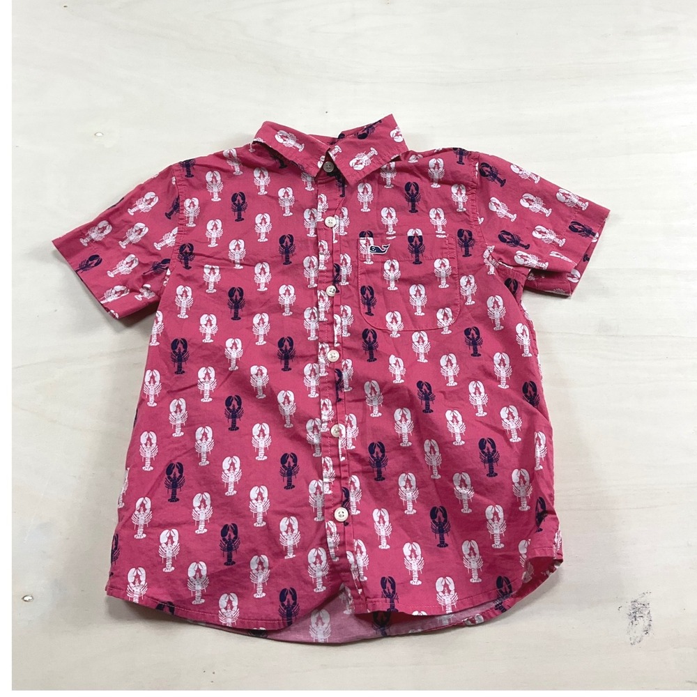 Vineyard Vines Boys Pink Lobster Print Short Sleeve Button Down Shirt Size 5